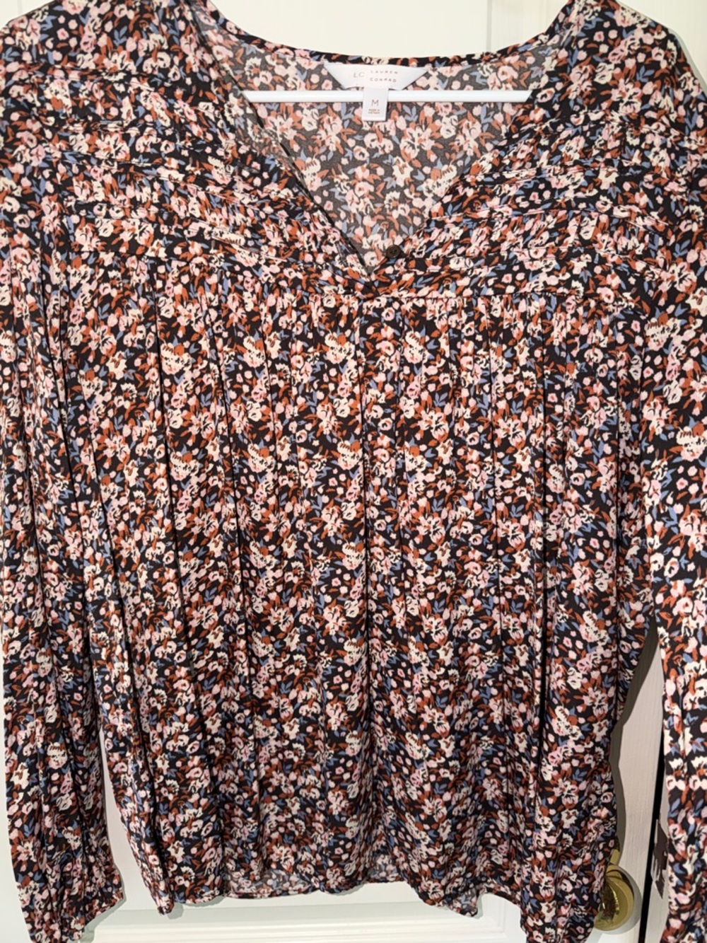 LC Lauren Conrad Navy Floral Pintuck Blouse with Pink & Rust Accents